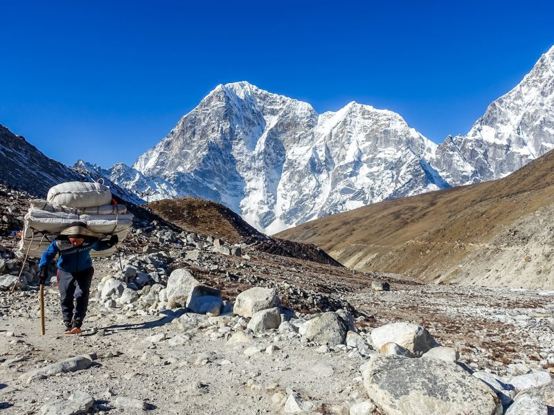 Everest Basecamp Trek Groepsreis Panoramisch uitzicht tijdens de Everest Basecamp trek met besneeuwde Himalaya-pieken, kleurrijke gebedsvlaggen en bergpaden.